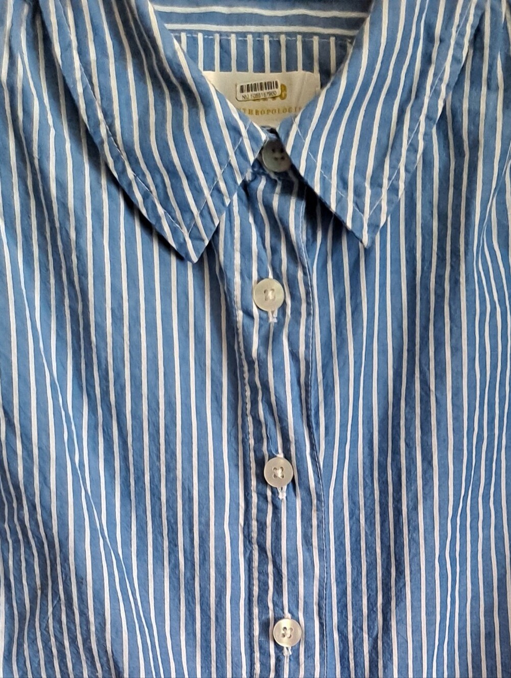 Anthropologie Maeve Blue And White Striped Capped Sleeve Button-Down Crop Top. - Picture 5 of 7